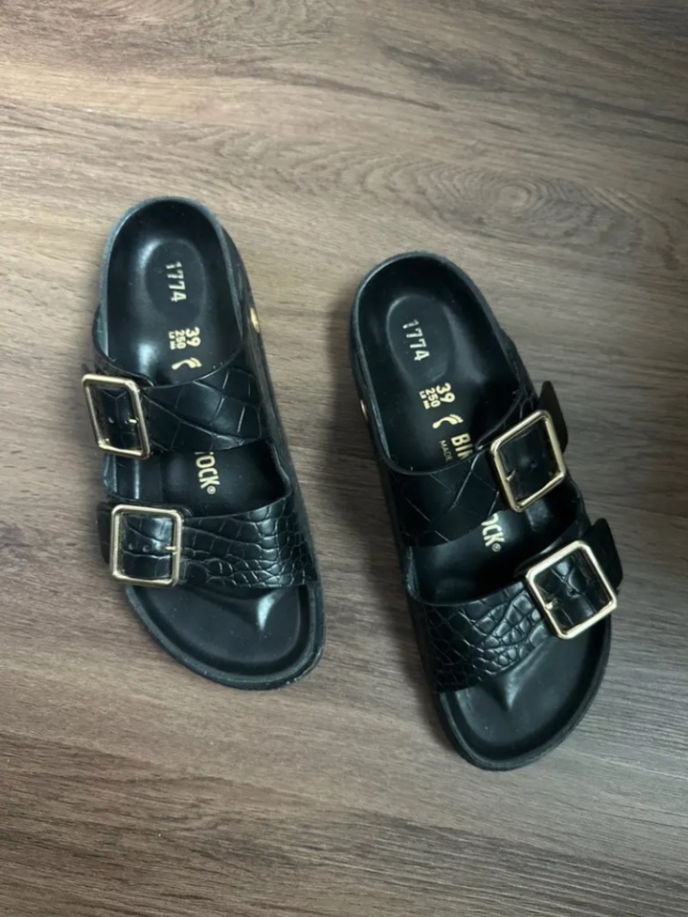Birkenstock 1774 Arizona black croc-effect leather slides gold buckles